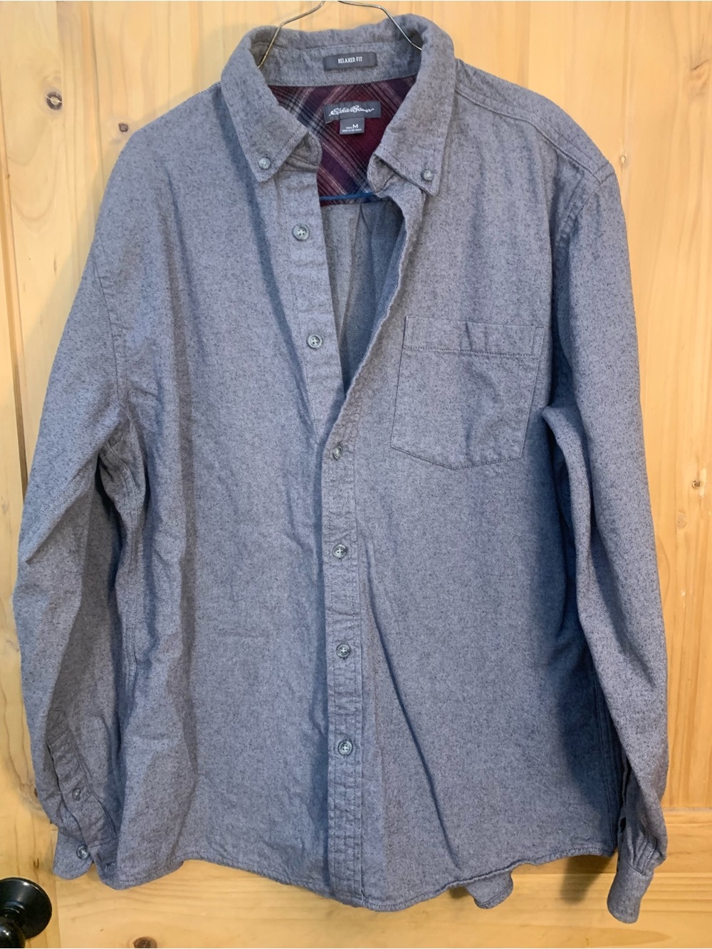 Eddie Bauer Men’s M Gray Flannel Shirt Relaxed Fit Long Sleeve Plaid Yoke Lined